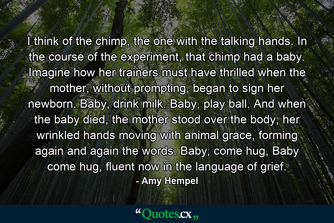 I think of the chimp, the one with the talking hands. In the course of the experiment, that chimp had a baby. Imagine how her trainers must have thrilled when the mother, without prompting, began to sign her newborn. Baby, drink milk. Baby, play ball. And when the baby died, the mother stood over the body, her wrinkled hands moving with animal grace, forming again and again the words: Baby, come hug, Baby come hug, fluent now in the language of grief. - Quote by Amy Hempel