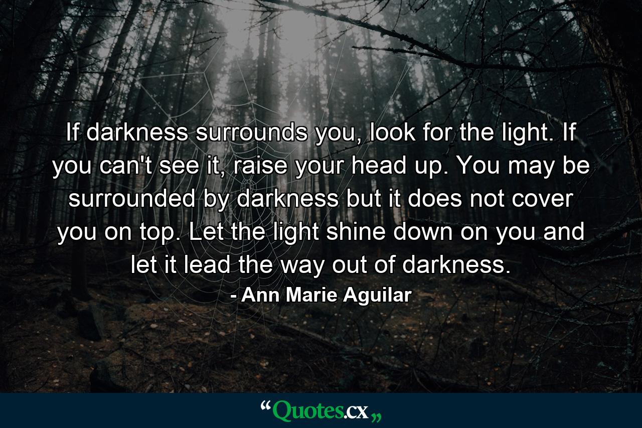 If darkness surrounds you, look for the light. If you can't see it, raise your head up. You may be surrounded by darkness but it does not cover you on top. Let the light shine down on you and let it lead the way out of darkness. - Quote by Ann Marie Aguilar