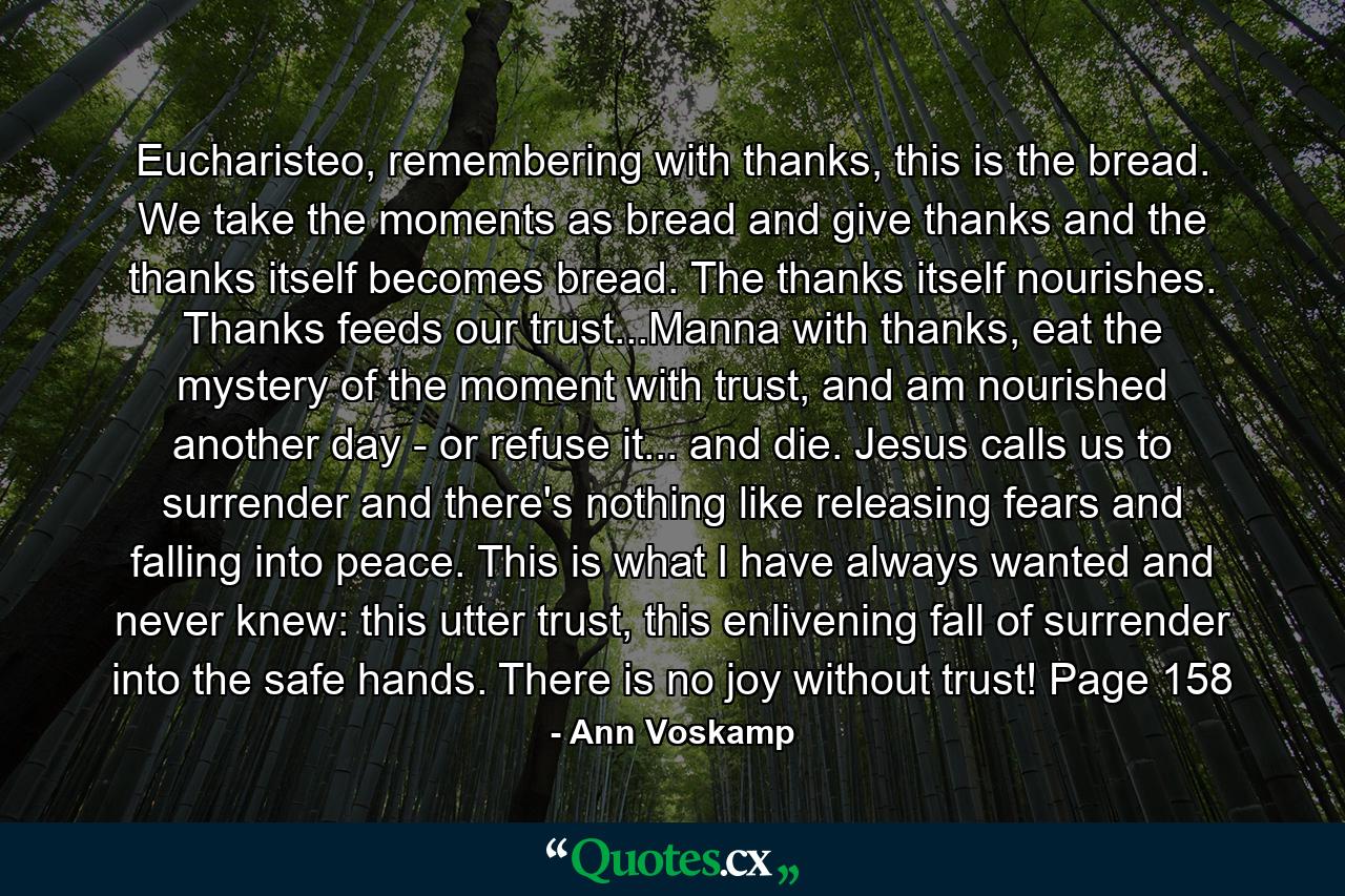 Eucharisteo, remembering with thanks, this is the bread. We take the moments as bread and give thanks and the thanks itself becomes bread. The thanks itself nourishes. Thanks feeds our trust...Manna with thanks, eat the mystery of the moment with trust, and am nourished another day - or refuse it... and die. Jesus calls us to surrender and there's nothing like releasing fears and falling into peace. This is what I have always wanted and never knew: this utter trust, this enlivening fall of surrender into the safe hands. There is no joy without trust! Page 158 - Quote by Ann Voskamp