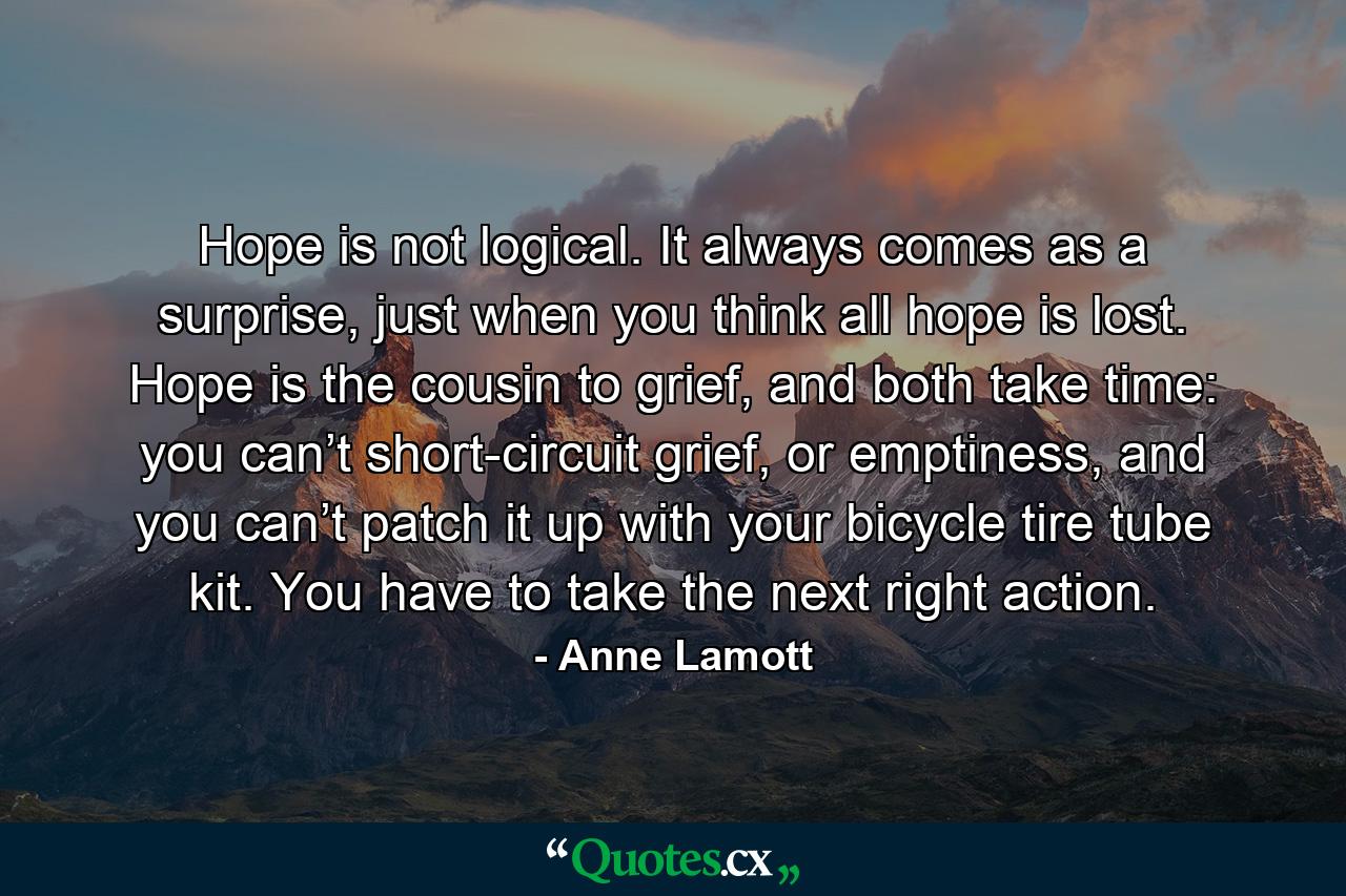 Hope is not logical. It always comes as a surprise, just when you think all hope is lost. Hope is the cousin to grief, and both take time: you can’t short-circuit grief, or emptiness, and you can’t patch it up with your bicycle tire tube kit. You have to take the next right action. - Quote by Anne Lamott