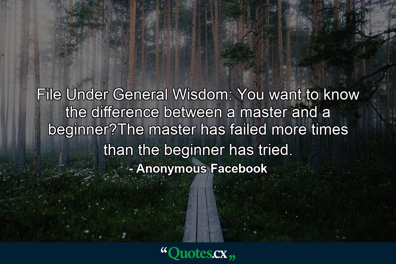 File Under General Wisdom: You want to know the difference between a master and a beginner?The master has failed more times than the beginner has tried. - Quote by Anonymous Facebook