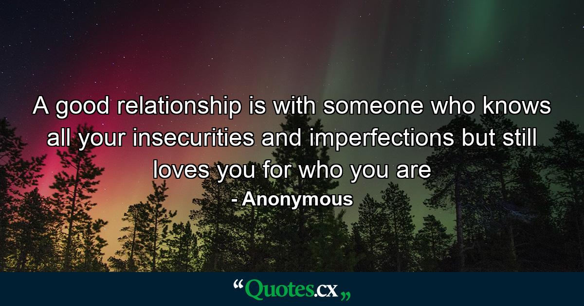 A good relationship is with someone who knows all your insecurities and imperfections but still loves you for who you are - Quote by Anonymous