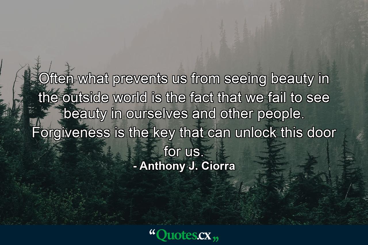 Often what prevents us from seeing beauty in the outside world is the fact that we fail to see beauty in ourselves and other people. Forgiveness is the key that can unlock this door for us. - Quote by Anthony J. Ciorra