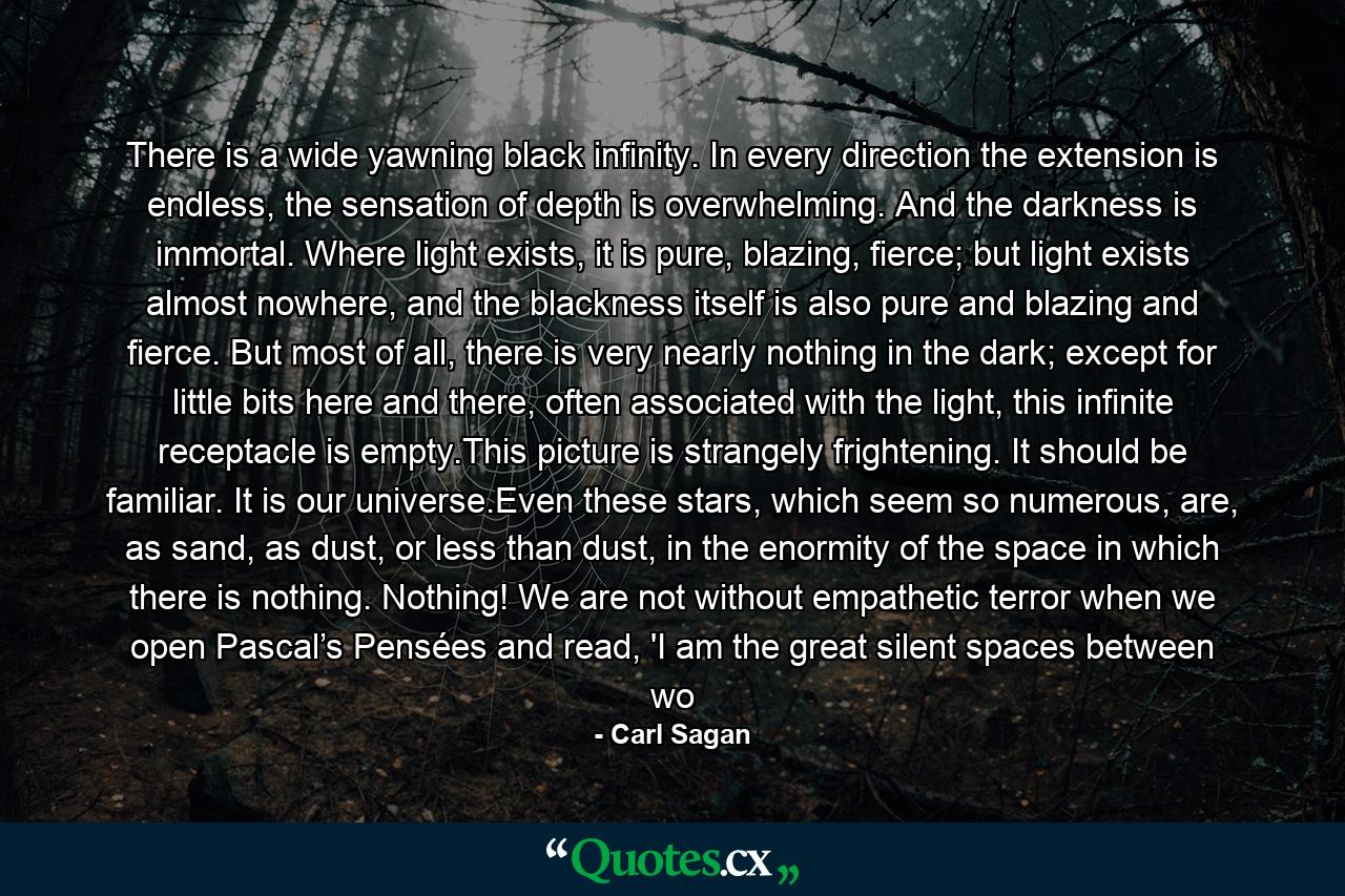There is a wide yawning black infinity. In every direction the extension is endless, the sensation of depth is overwhelming. And the darkness is immortal. Where light exists, it is pure, blazing, fierce; but light exists almost nowhere, and the blackness itself is also pure and blazing and fierce. But most of all, there is very nearly nothing in the dark; except for little bits here and there, often associated with the light, this infinite receptacle is empty.This picture is strangely frightening. It should be familiar. It is our universe.Even these stars, which seem so numerous, are, as sand, as dust, or less than dust, in the enormity of the space in which there is nothing. Nothing! We are not without empathetic terror when we open Pascal’s Pensées and read, 'I am the great silent spaces between wo - Quote by Carl Sagan