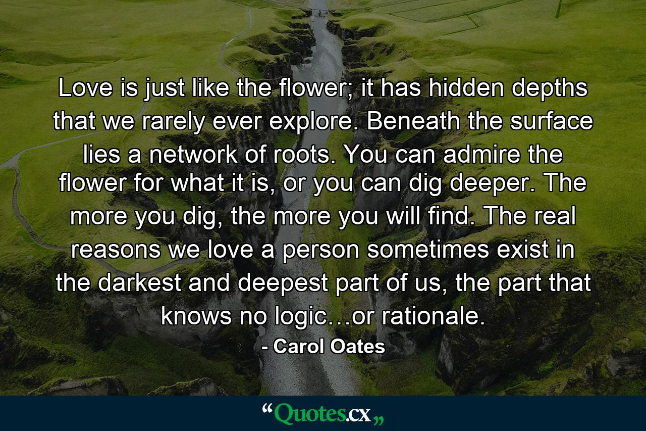 Love is just like the flower; it has hidden depths that we rarely ever explore. Beneath the surface lies a network of roots. You can admire the flower for what it is, or you can dig deeper. The more you dig, the more you will find. The real reasons we love a person sometimes exist in the darkest and deepest part of us, the part that knows no logic…or rationale. - Quote by Carol Oates