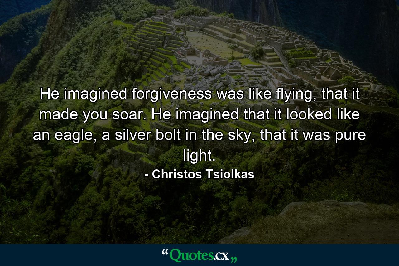 He imagined forgiveness was like flying, that it made you soar. He imagined that it looked like an eagle, a silver bolt in the sky, that it was pure light. - Quote by Christos Tsiolkas