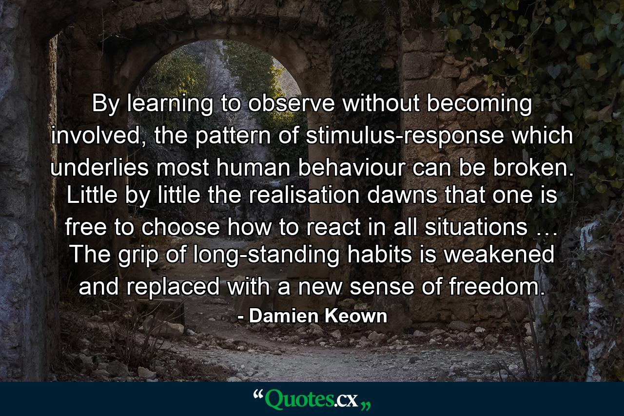 By learning to observe without becoming involved, the pattern of stimulus-response which underlies most human behaviour can be broken. Little by little the realisation dawns that one is free to choose how to react in all situations … The grip of long-standing habits is weakened and replaced with a new sense of freedom. - Quote by Damien Keown