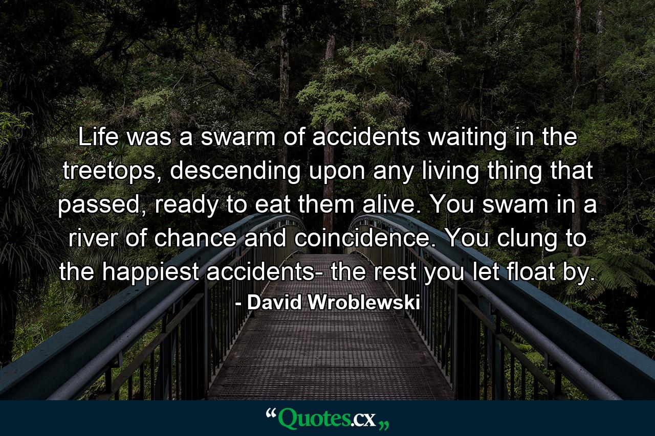 Life was a swarm of accidents waiting in the treetops, descending upon any living thing that passed, ready to eat them alive. You swam in a river of chance and coincidence. You clung to the happiest accidents- the rest you let float by. - Quote by David Wroblewski