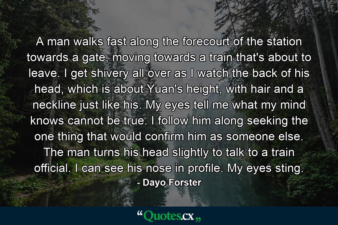 A man walks fast along the forecourt of the station towards a gate, moving towards a train that's about to leave. I get shivery all over as I watch the back of his head, which is about Yuan's height, with hair and a neckline just like his. My eyes tell me what my mind knows cannot be true. I follow him along seeking the one thing that would confirm him as someone else. The man turns his head slightly to talk to a train official. I can see his nose in profile. My eyes sting. - Quote by Dayo Forster