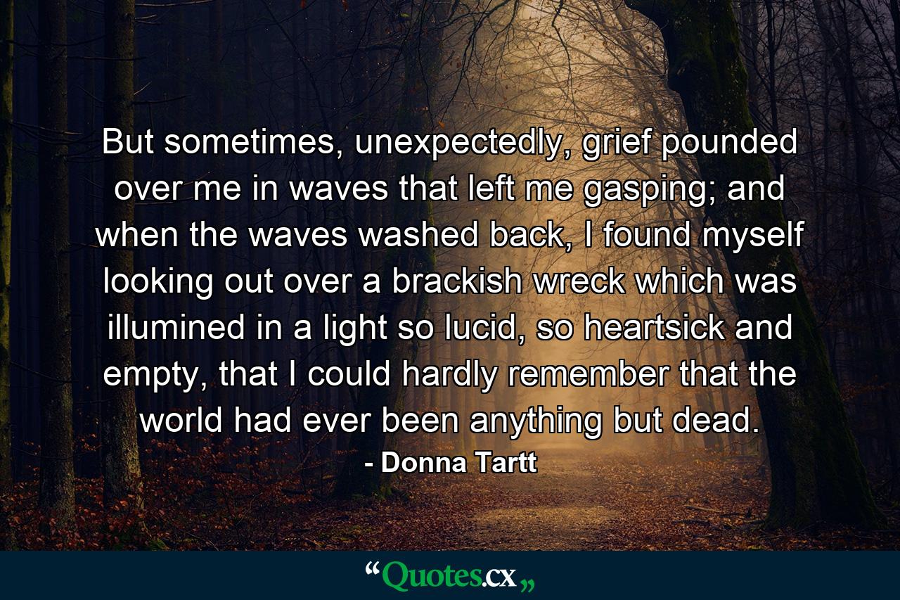 But sometimes, unexpectedly, grief pounded over me in waves that left me gasping; and when the waves washed back, I found myself looking out over a brackish wreck which was illumined in a light so lucid, so heartsick and empty, that I could hardly remember that the world had ever been anything but dead. - Quote by Donna Tartt