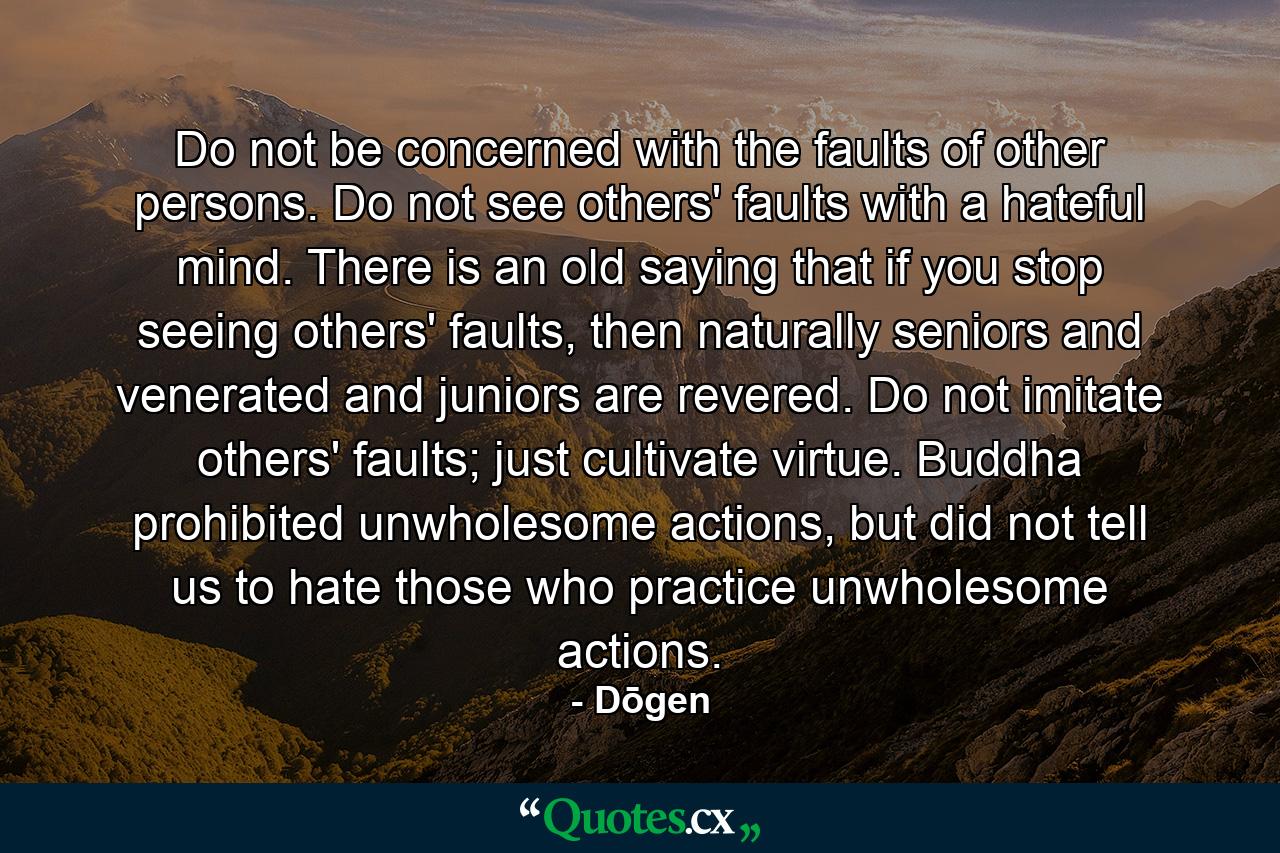 Do not be concerned with the faults of other persons. Do not see others' faults with a hateful mind. There is an old saying that if you stop seeing others' faults, then naturally seniors and venerated and juniors are revered. Do not imitate others' faults; just cultivate virtue. Buddha prohibited unwholesome actions, but did not tell us to hate those who practice unwholesome actions. - Quote by Dōgen