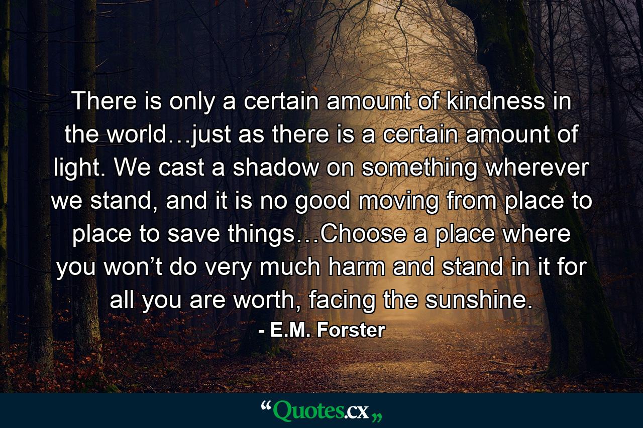 There is only a certain amount of kindness in the world…just as there is a certain amount of light. We cast a shadow on something wherever we stand, and it is no good moving from place to place to save things…Choose a place where you won’t do very much harm and stand in it for all you are worth, facing the sunshine. - Quote by E.M. Forster