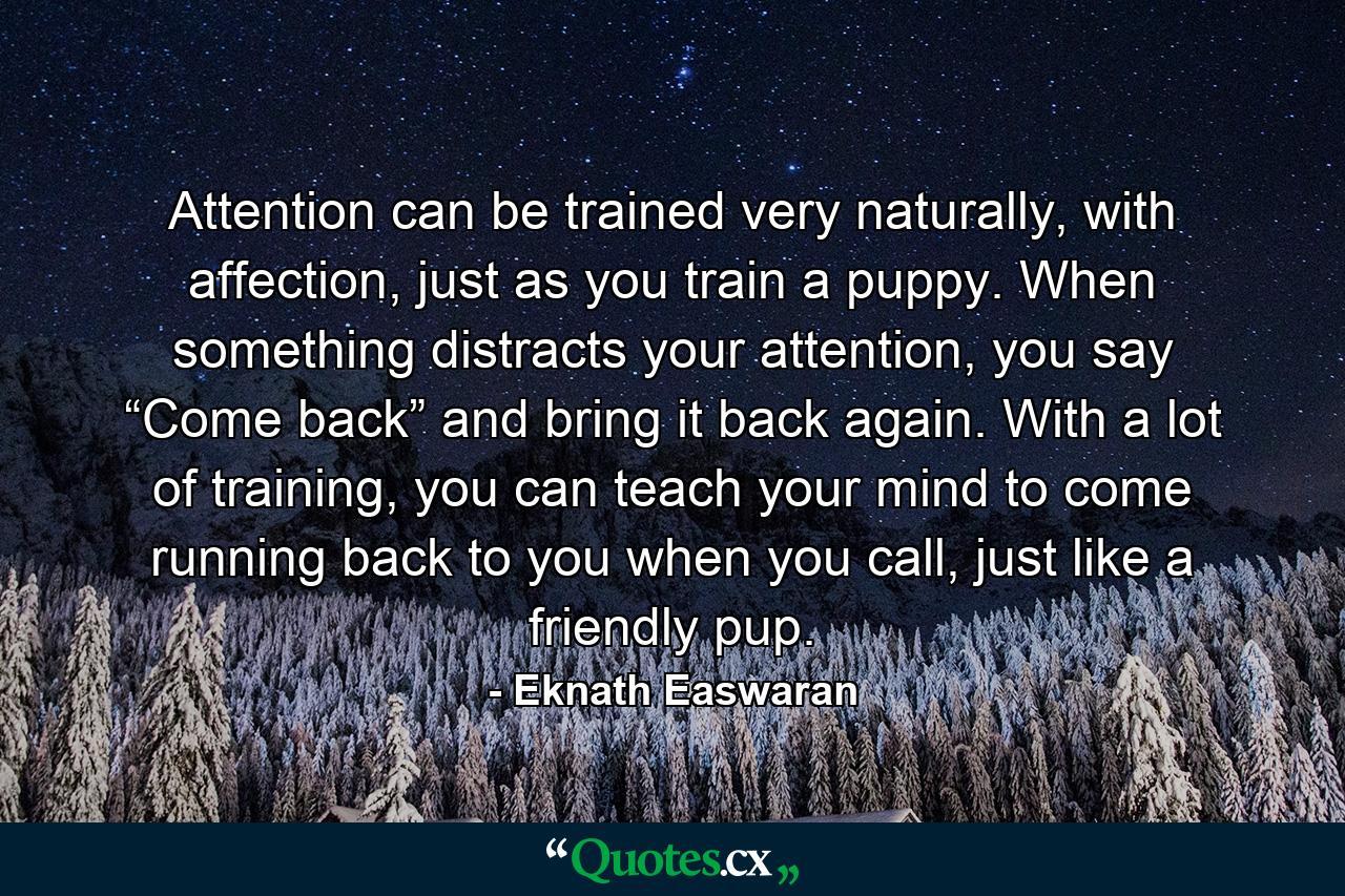 Attention can be trained very naturally, with affection, just as you train a puppy. When something distracts your attention, you say “Come back” and bring it back again. With a lot of training, you can teach your mind to come running back to you when you call, just like a friendly pup. - Quote by Eknath Easwaran