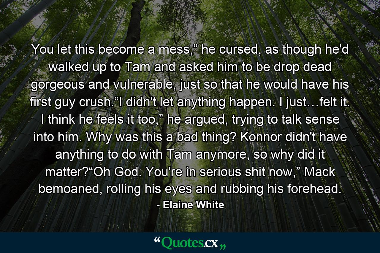 You let this become a mess,” he cursed, as though he'd walked up to Tam and asked him to be drop dead gorgeous and vulnerable, just so that he would have his first guy crush.“I didn't let anything happen. I just…felt it. I think he feels it too,” he argued, trying to talk sense into him. Why was this a bad thing? Konnor didn't have anything to do with Tam anymore, so why did it matter?“Oh God. You're in serious shit now,” Mack bemoaned, rolling his eyes and rubbing his forehead. - Quote by Elaine White