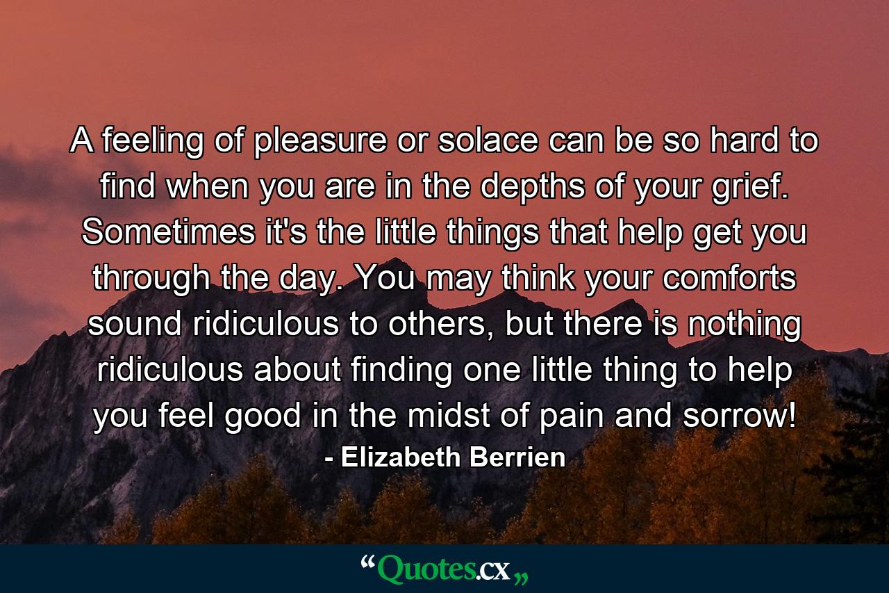 A feeling of pleasure or solace can be so hard to find when you are in the depths of your grief. Sometimes it's the little things that help get you through the day. You may think your comforts sound ridiculous to others, but there is nothing ridiculous about finding one little thing to help you feel good in the midst of pain and sorrow! - Quote by Elizabeth Berrien