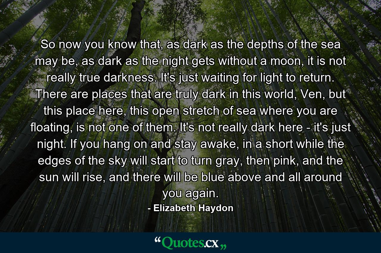 So now you know that, as dark as the depths of the sea may be, as dark as the night gets without a moon, it is not really true darkness. It's just waiting for light to return. There are places that are truly dark in this world, Ven, but this place here, this open stretch of sea where you are floating, is not one of them. It's not really dark here - it's just night. If you hang on and stay awake, in a short while the edges of the sky will start to turn gray, then pink, and the sun will rise, and there will be blue above and all around you again. - Quote by Elizabeth Haydon