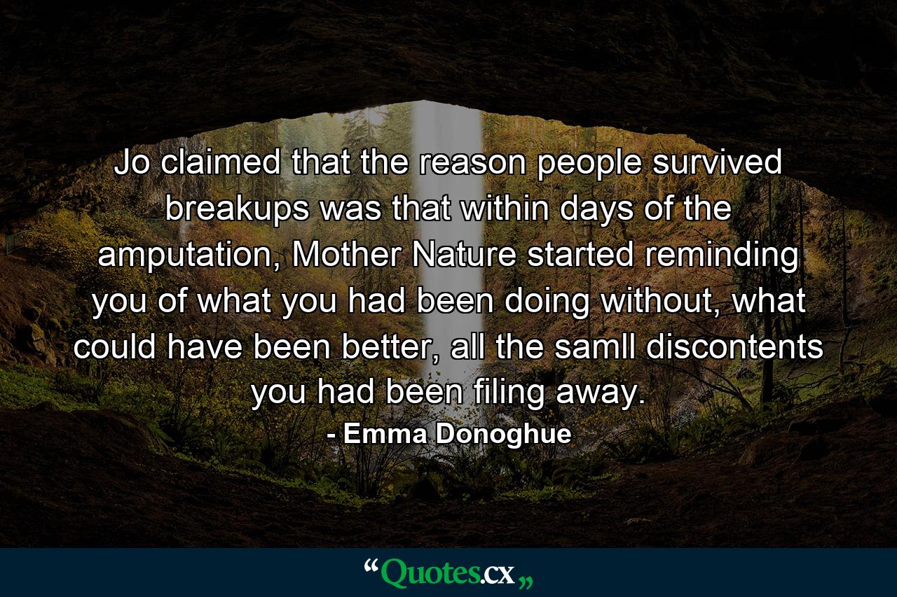 Jo claimed that the reason people survived breakups was that within days of the amputation, Mother Nature started reminding you of what you had been doing without, what could have been better, all the samll discontents you had been filing away. - Quote by Emma Donoghue