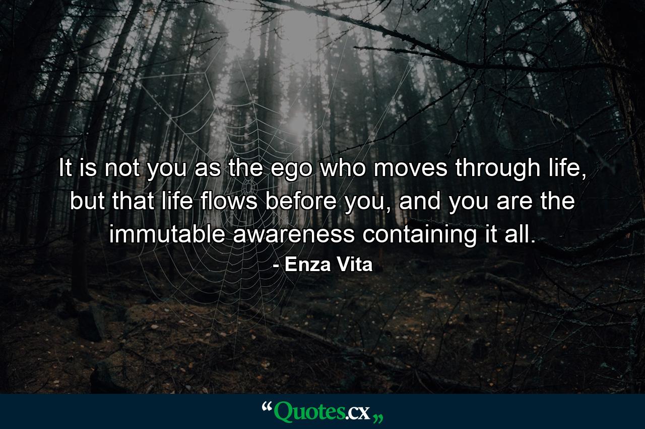 It is not you as the ego who moves through life, but that life flows before you, and you are the immutable awareness containing it all. - Quote by Enza Vita