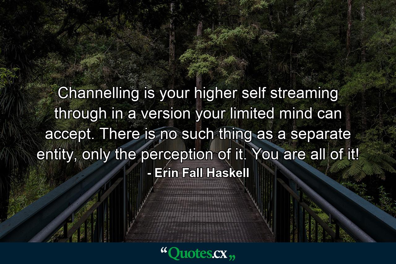 Channelling is your higher self streaming through in a version your limited mind can accept. There is no such thing as a separate entity, only the perception of it. You are all of it! - Quote by Erin Fall Haskell