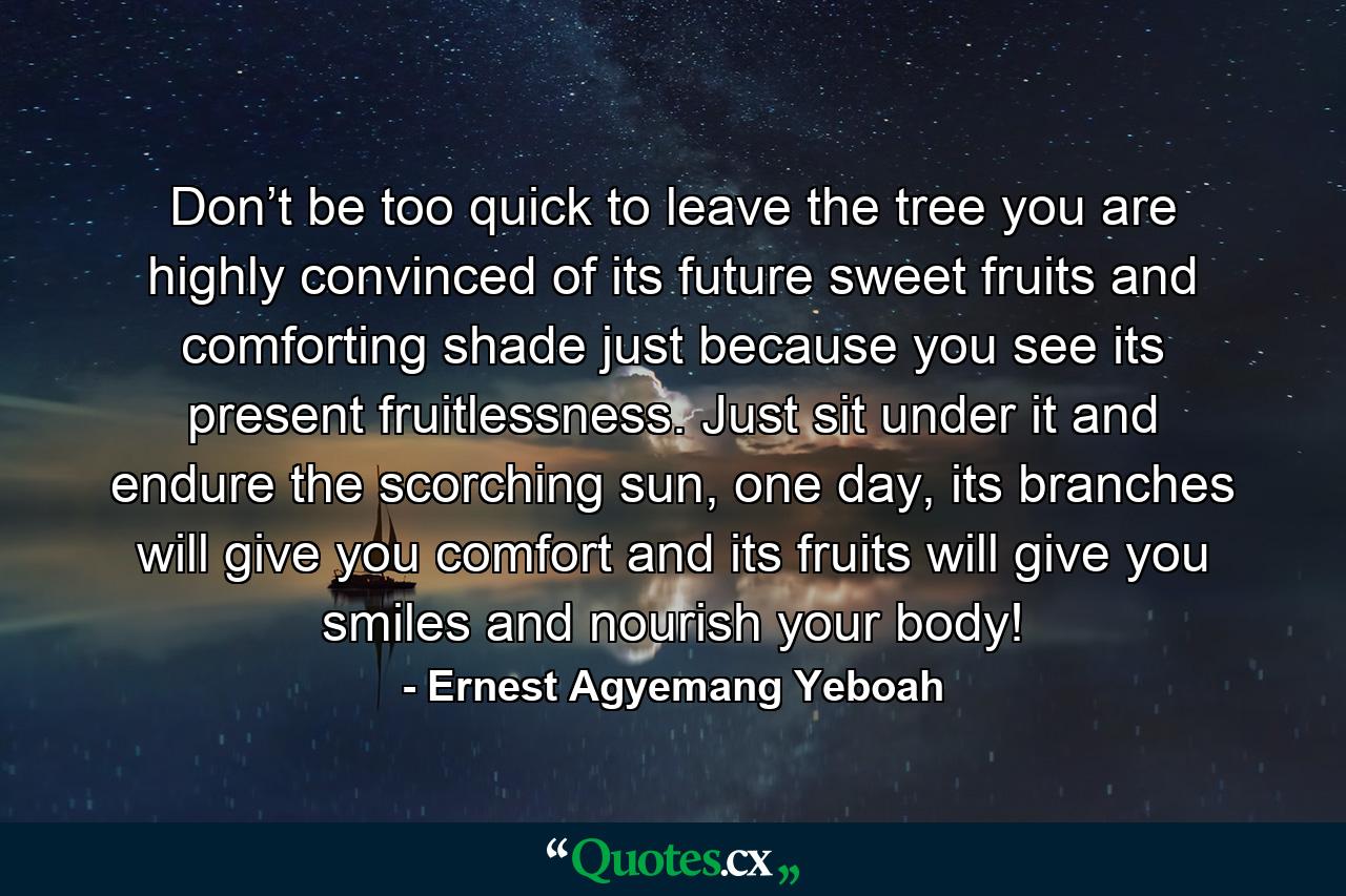 Don’t be too quick to leave the tree you are highly convinced of its future sweet fruits and comforting shade just because you see its present fruitlessness. Just sit under it and endure the scorching sun, one day, its branches will give you comfort and its fruits will give you smiles and nourish your body! - Quote by Ernest Agyemang Yeboah