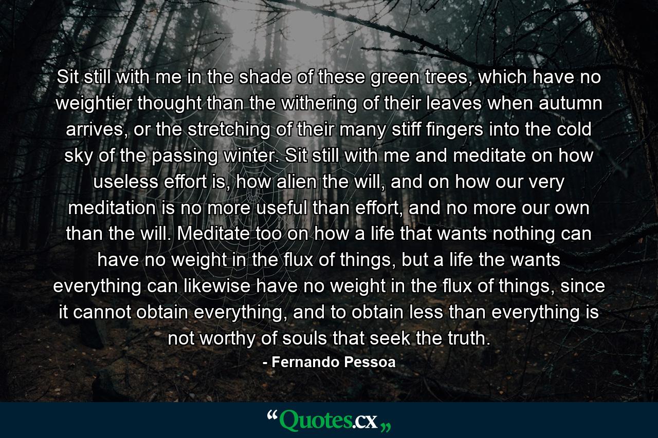 Sit still with me in the shade of these green trees, which have no weightier thought than the withering of their leaves when autumn arrives, or the stretching of their many stiff fingers into the cold sky of the passing winter. Sit still with me and meditate on how useless effort is, how alien the will, and on how our very meditation is no more useful than effort, and no more our own than the will. Meditate too on how a life that wants nothing can have no weight in the flux of things, but a life the wants everything can likewise have no weight in the flux of things, since it cannot obtain everything, and to obtain less than everything is not worthy of souls that seek the truth. - Quote by Fernando Pessoa