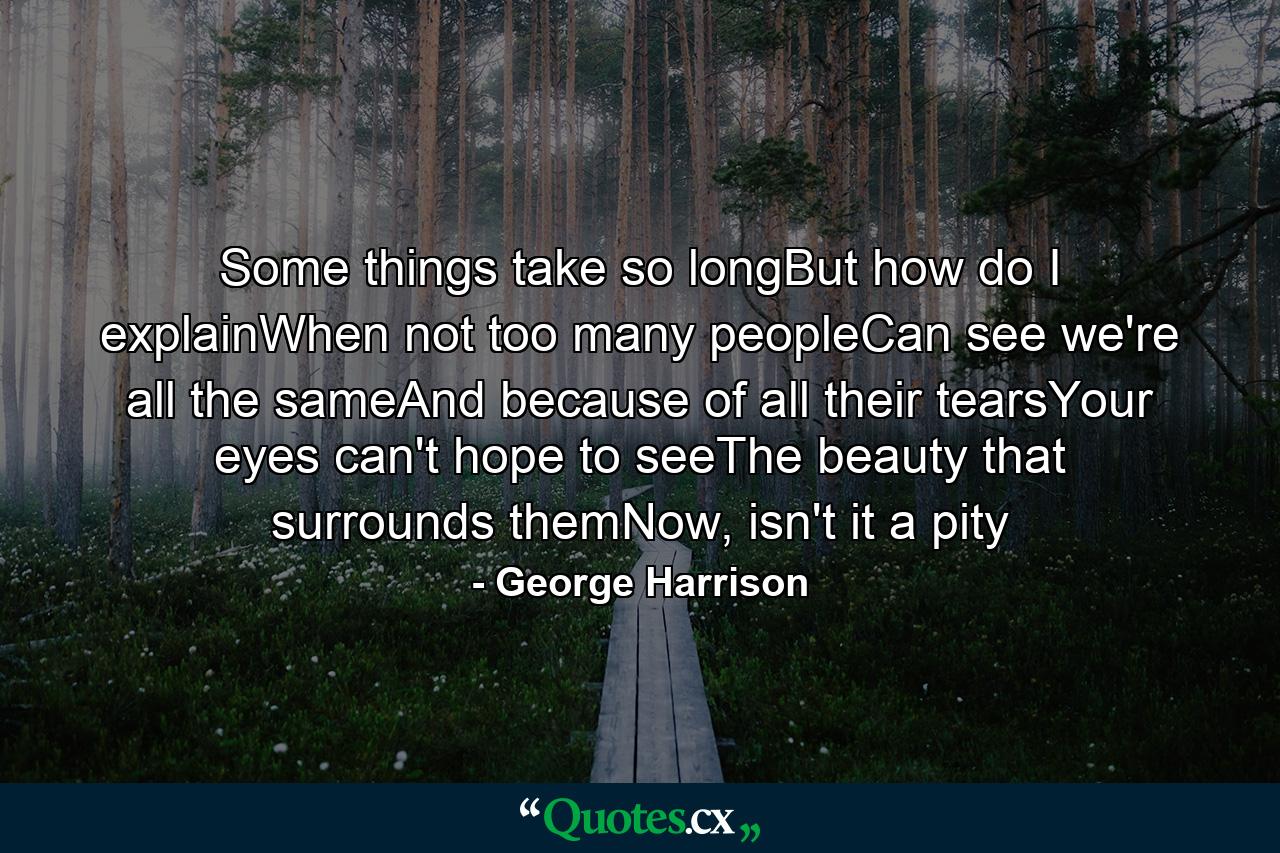 Some things take so longBut how do I explainWhen not too many peopleCan see we're all the sameAnd because of all their tearsYour eyes can't hope to seeThe beauty that surrounds themNow, isn't it a pity - Quote by George Harrison