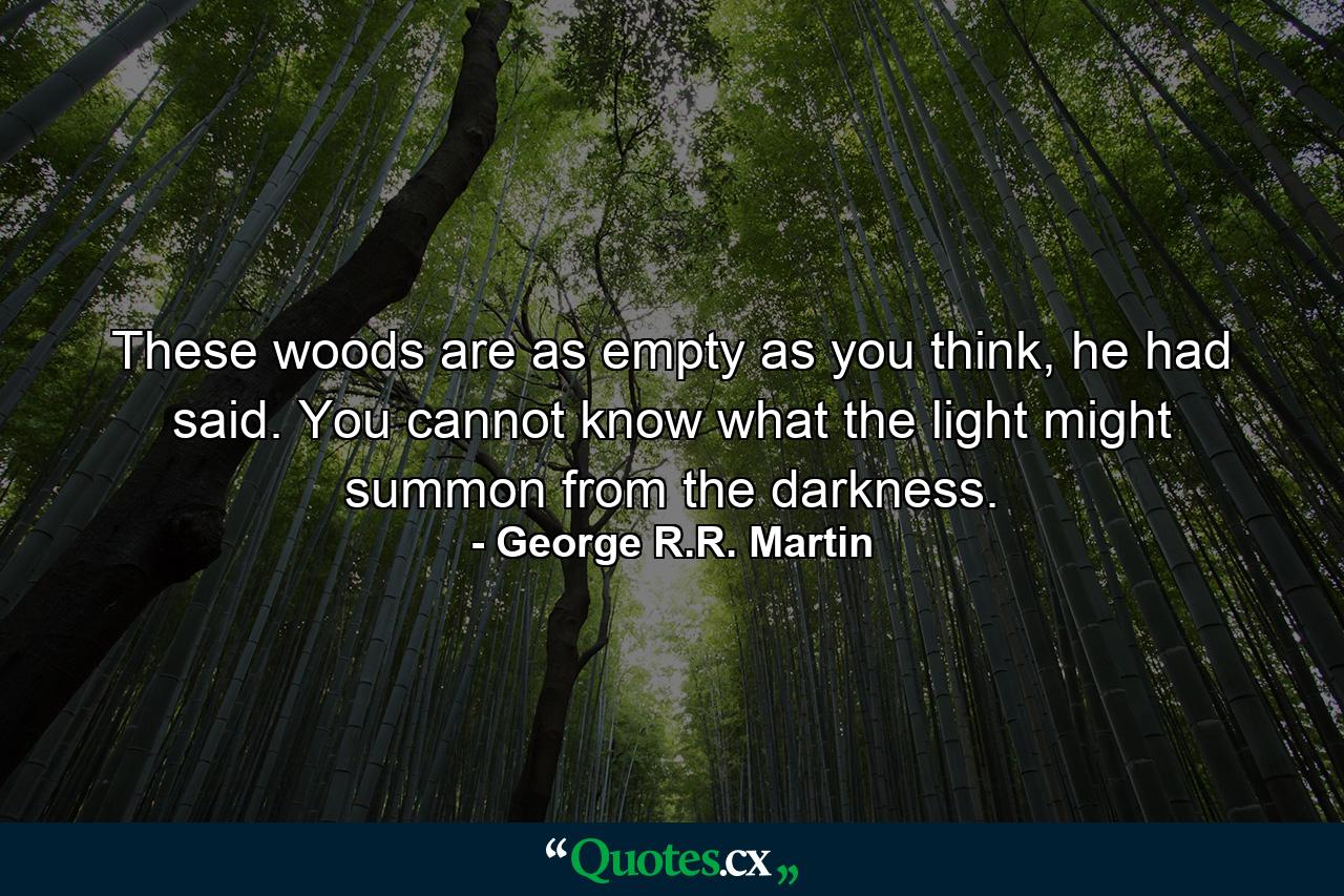 These woods are as empty as you think, he had said. You cannot know what the light might summon from the darkness. - Quote by George R.R. Martin