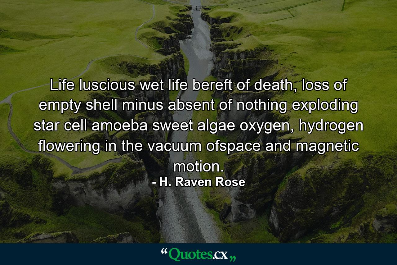 Life luscious wet life bereft of death, loss of empty shell minus absent of nothing exploding star cell amoeba sweet algae oxygen, hydrogen flowering in the vacuum ofspace and magnetic motion. - Quote by H. Raven Rose