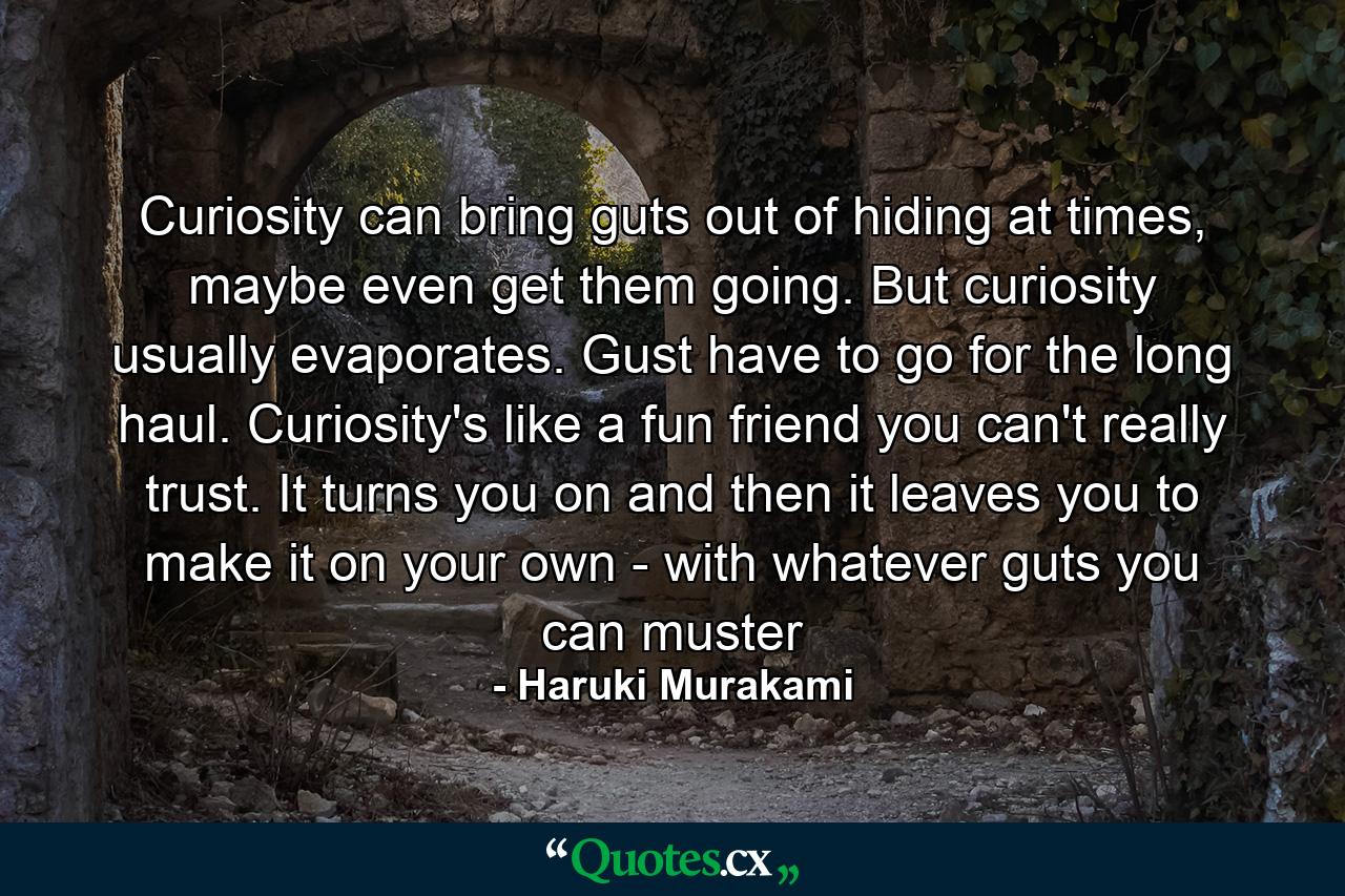 Curiosity can bring guts out of hiding at times, maybe even get them going. But curiosity usually evaporates. Gust have to go for the long haul. Curiosity's like a fun friend you can't really trust. It turns you on and then it leaves you to make it on your own - with whatever guts you can muster - Quote by Haruki Murakami