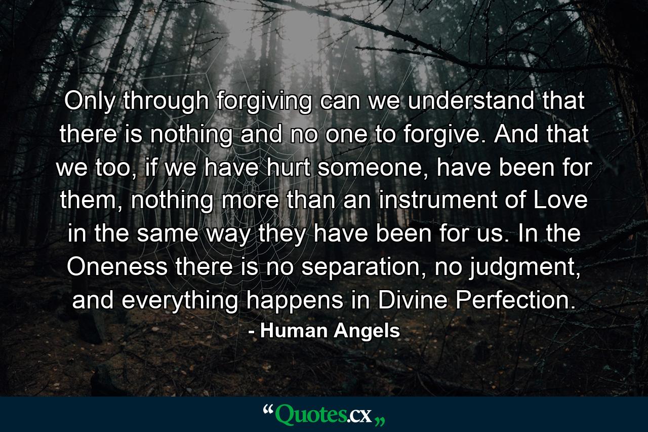 Only through forgiving can we understand that there is nothing and no one to forgive. And that we too, if we have hurt someone, have been for them, nothing more than an instrument of Love in the same way they have been for us. In the Oneness there is no separation, no judgment, and everything happens in Divine Perfection. - Quote by Human Angels