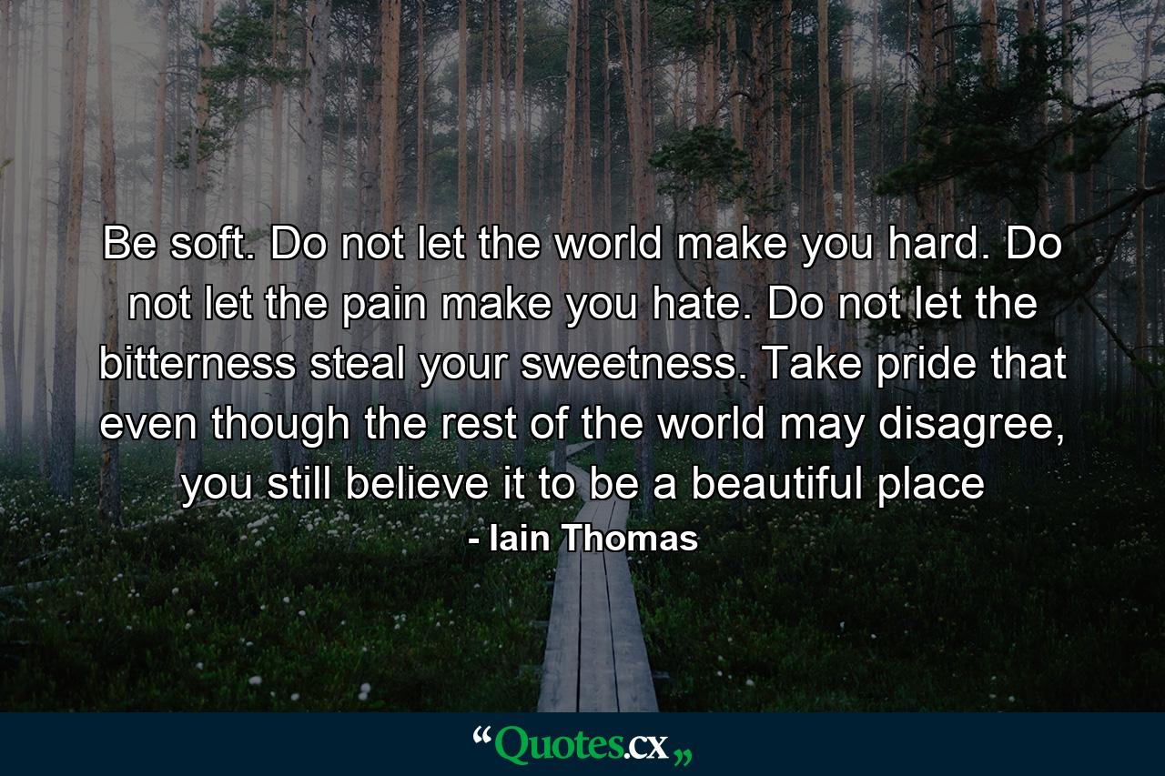 Be soft. Do not let the world make you hard. Do not let the pain make you hate. Do not let the bitterness steal your sweetness. Take pride that even though the rest of the world may disagree, you still believe it to be a beautiful place - Quote by Iain Thomas