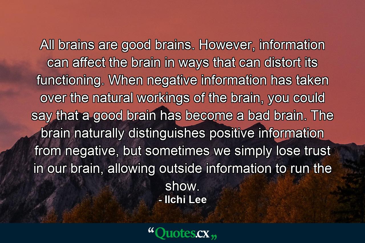 All brains are good brains. However, information can affect the brain in ways that can distort its functioning. When negative information has taken over the natural workings of the brain, you could say that a good brain has become a bad brain. The brain naturally distinguishes positive information from negative, but sometimes we simply lose trust in our brain, allowing outside information to run the show. - Quote by Ilchi Lee