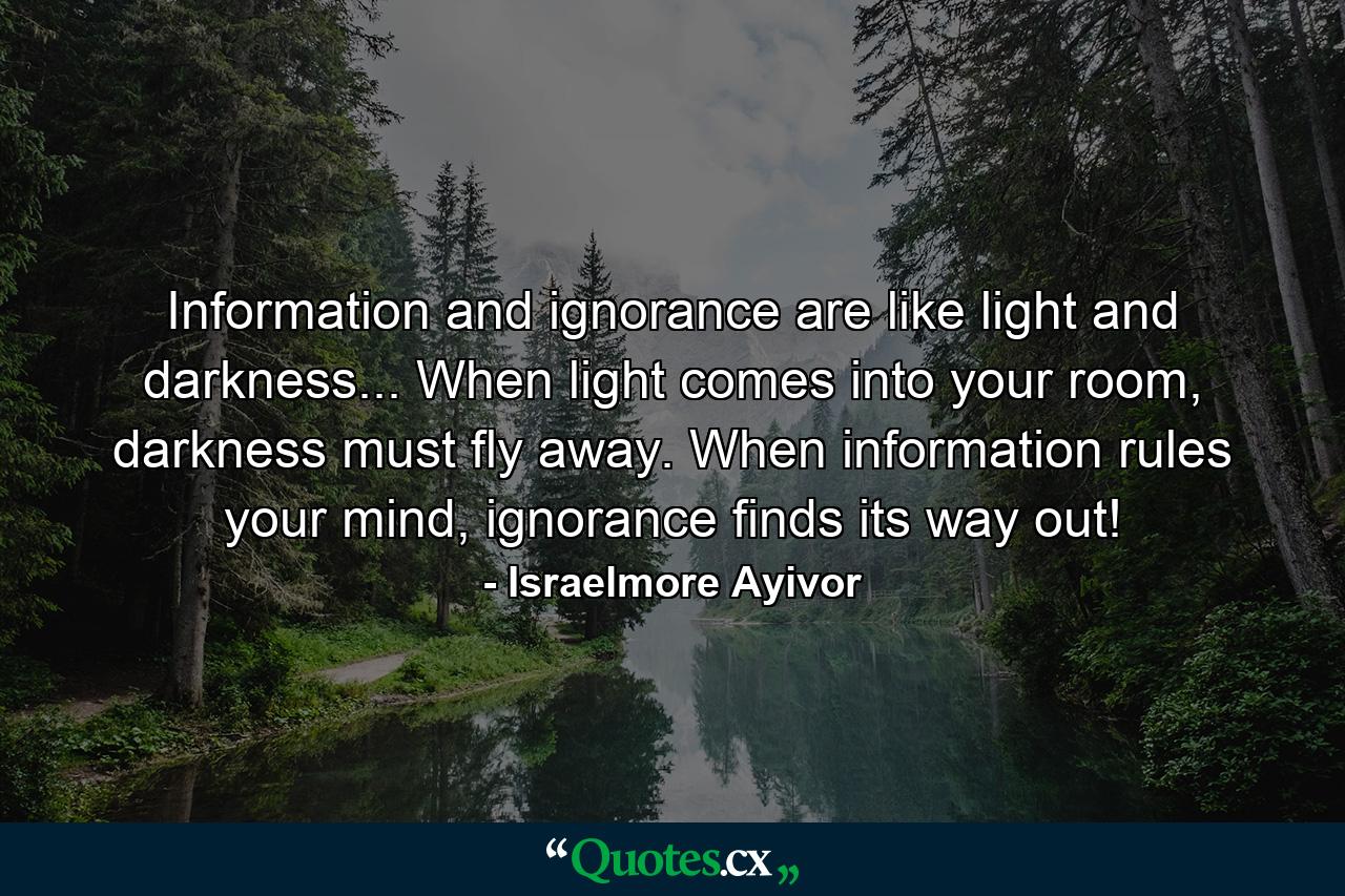 Information and ignorance are like light and darkness... When light comes into your room, darkness must fly away. When information rules your mind, ignorance finds its way out! - Quote by Israelmore Ayivor