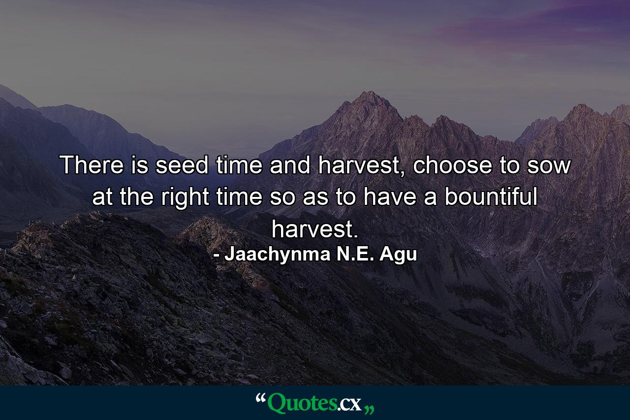 There is seed time and harvest, choose to sow at the right time so as to have a bountiful harvest. - Quote by Jaachynma N.E. Agu