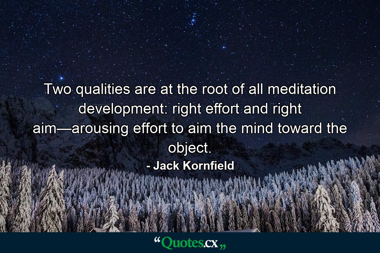 Two qualities are at the root of all meditation development: right effort and right aim—arousing effort to aim the mind toward the object. - Quote by Jack Kornfield