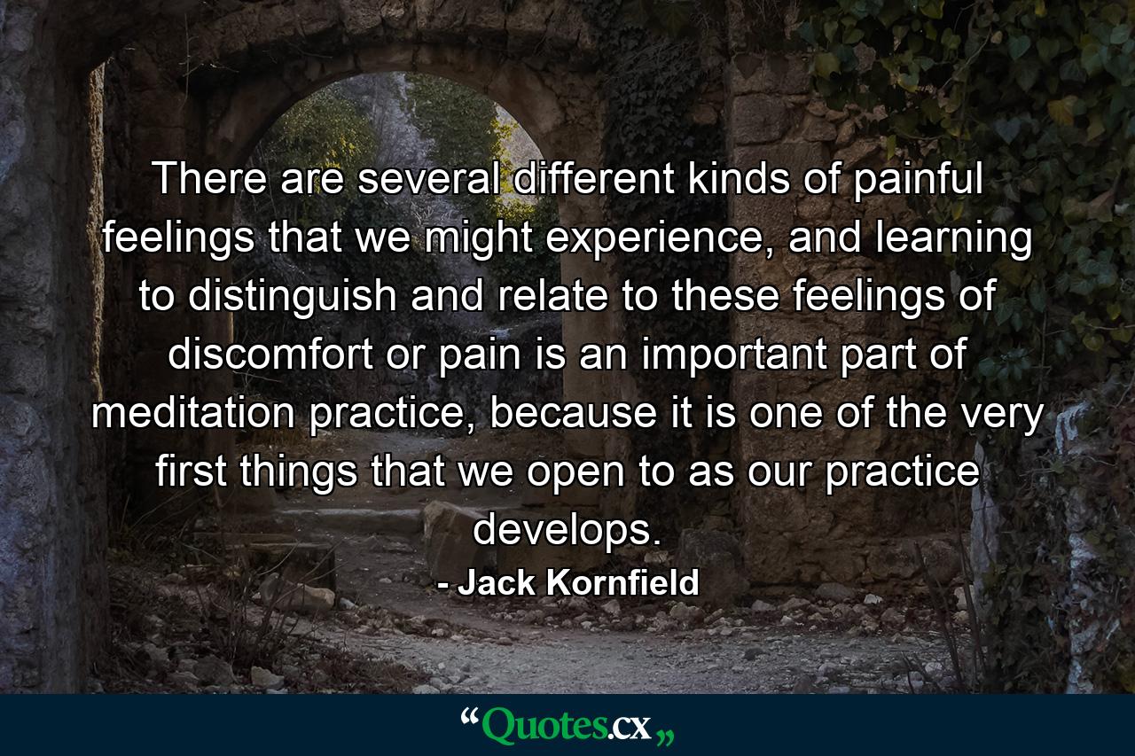 There are several different kinds of painful feelings that we might experience, and learning to distinguish and relate to these feelings of discomfort or pain is an important part of meditation practice, because it is one of the very first things that we open to as our practice develops. - Quote by Jack Kornfield