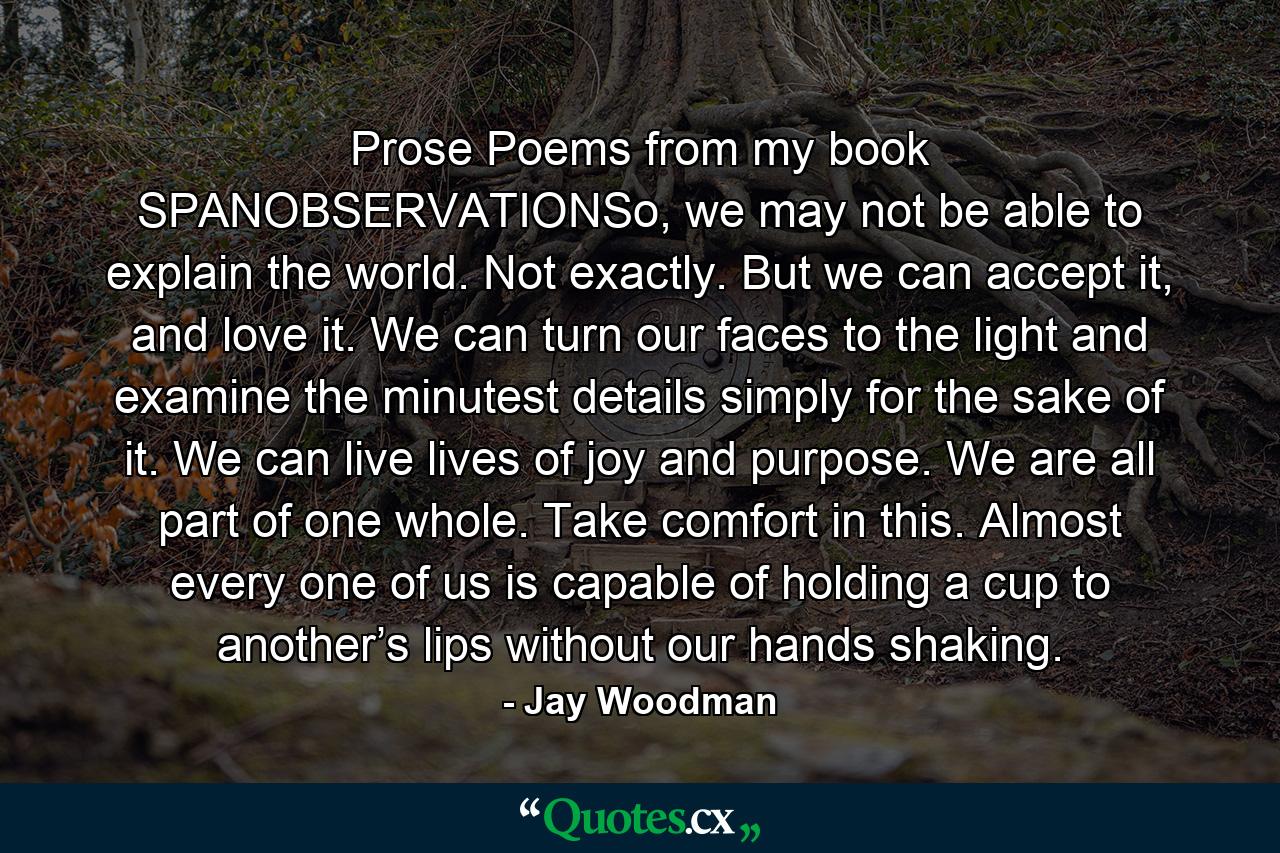 Prose Poems from my book SPANOBSERVATIONSo, we may not be able to explain the world. Not exactly. But we can accept it, and love it. We can turn our faces to the light and examine the minutest details simply for the sake of it. We can live lives of joy and purpose. We are all part of one whole. Take comfort in this. Almost every one of us is capable of holding a cup to another’s lips without our hands shaking. - Quote by Jay Woodman