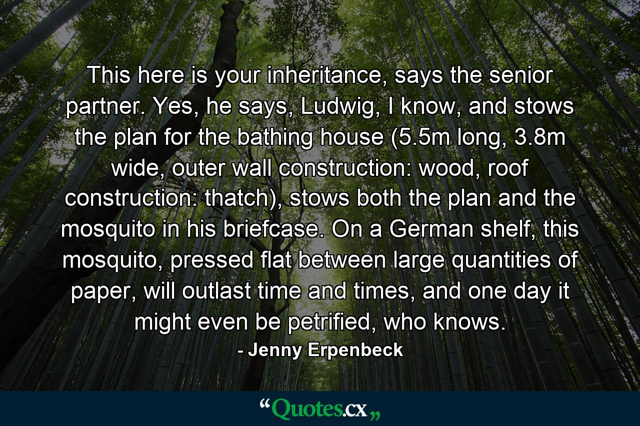 This here is your inheritance, says the senior partner. Yes, he says, Ludwig, I know, and stows the plan for the bathing house (5.5m long, 3.8m wide, outer wall construction: wood, roof construction: thatch), stows both the plan and the mosquito in his briefcase. On a German shelf, this mosquito, pressed flat between large quantities of paper, will outlast time and times, and one day it might even be petrified, who knows. - Quote by Jenny Erpenbeck