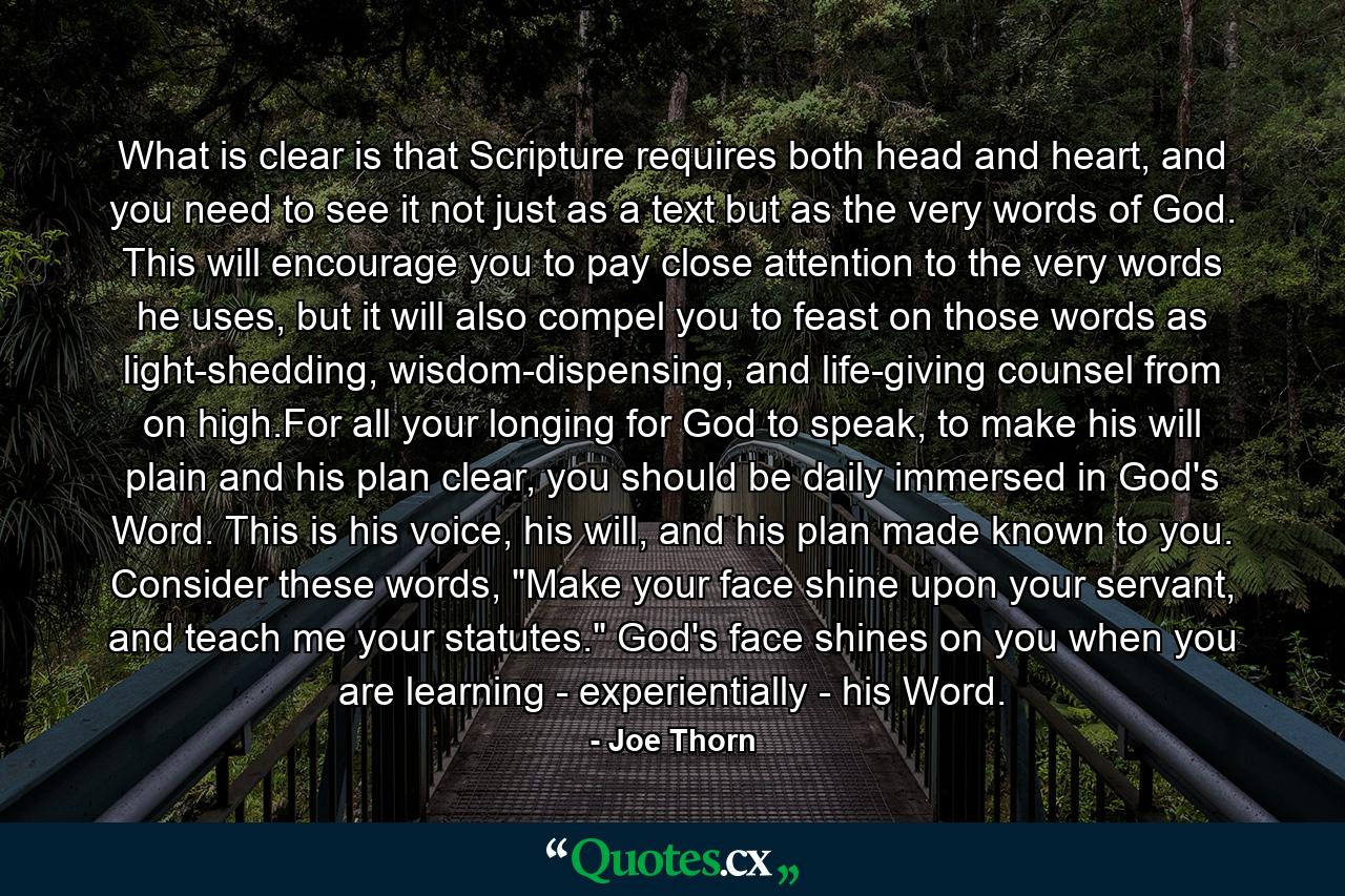 What is clear is that Scripture requires both head and heart, and you need to see it not just as a text but as the very words of God. This will encourage you to pay close attention to the very words he uses, but it will also compel you to feast on those words as light-shedding, wisdom-dispensing, and life-giving counsel from on high.For all your longing for God to speak, to make his will plain and his plan clear, you should be daily immersed in God's Word. This is his voice, his will, and his plan made known to you. Consider these words, 