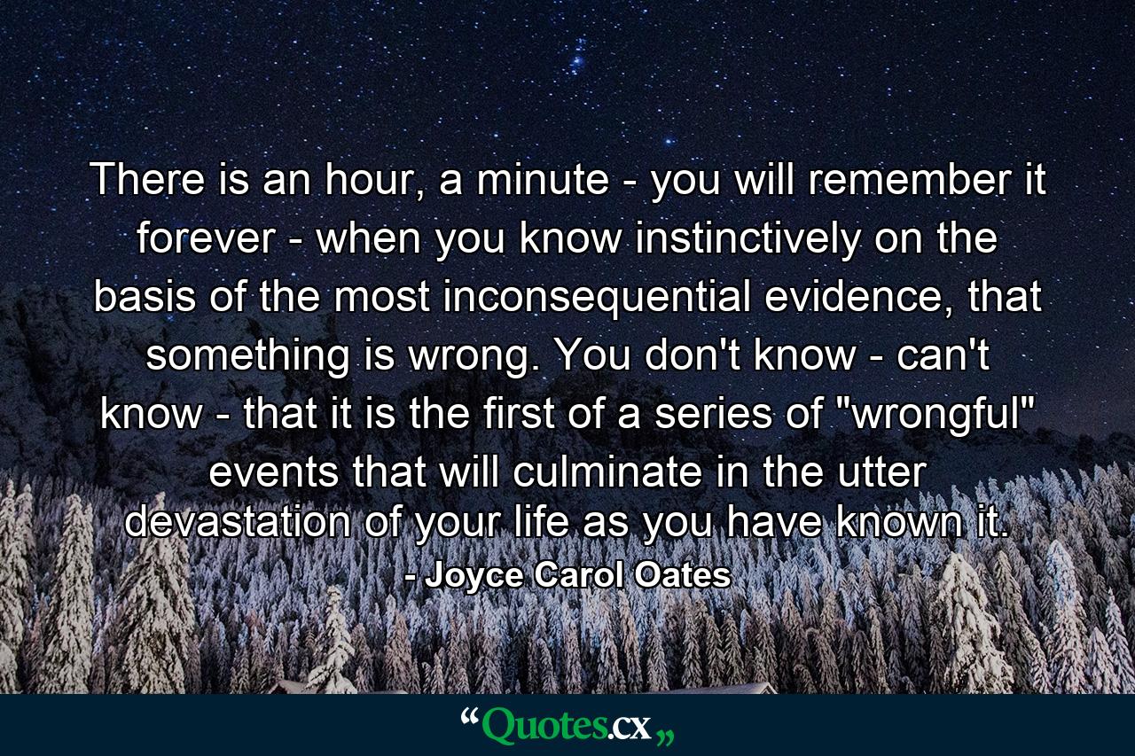 There is an hour, a minute - you will remember it forever - when you know instinctively on the basis of the most inconsequential evidence, that something is wrong. You don't know - can't know - that it is the first of a series of 