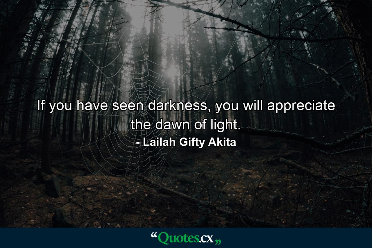 If you have seen darkness, you will appreciate the dawn of light. - Quote by Lailah Gifty Akita