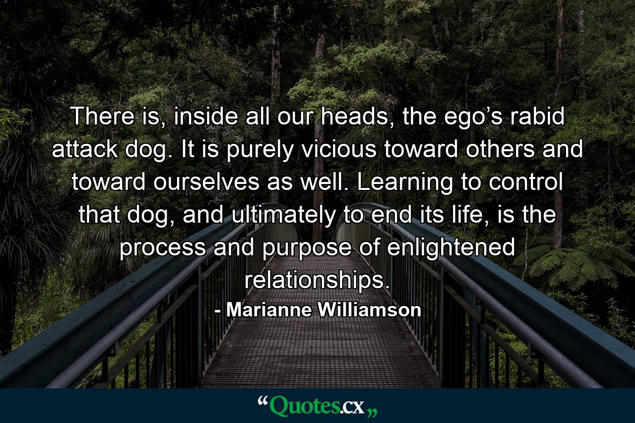 There is, inside all our heads, the ego’s rabid attack dog. It is purely vicious toward others and toward ourselves as well. Learning to control that dog, and ultimately to end its life, is the process and purpose of enlightened relationships. - Quote by Marianne Williamson