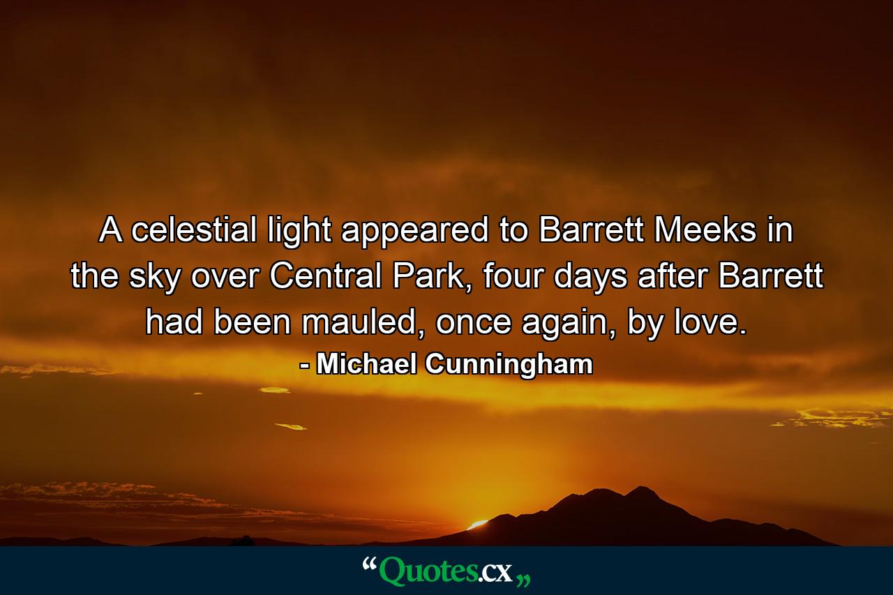 A celestial light appeared to Barrett Meeks in the sky over Central Park, four days after Barrett had been mauled, once again, by love. - Quote by Michael Cunningham