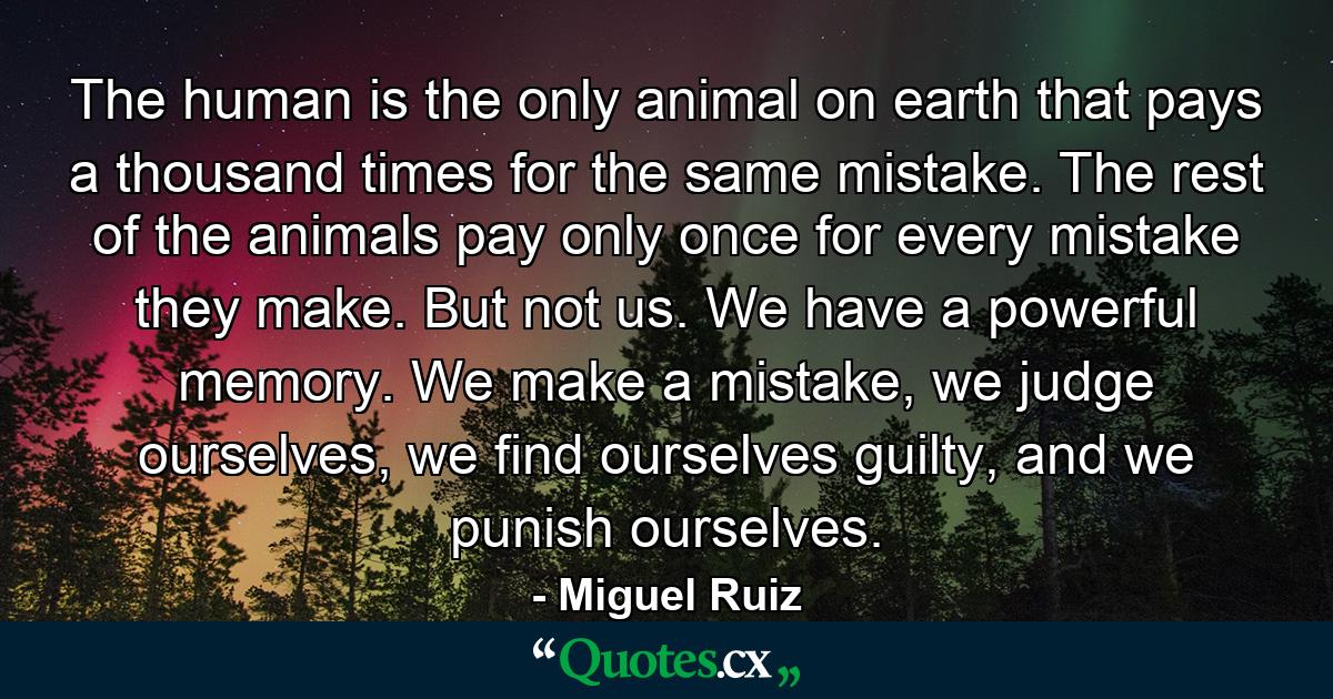 The human is the only animal on earth that pays a thousand times for the same mistake. The rest of the animals pay only once for every mistake they make. But not us. We have a powerful memory. We make a mistake, we judge ourselves, we find ourselves guilty, and we punish ourselves. - Quote by Miguel Ruiz