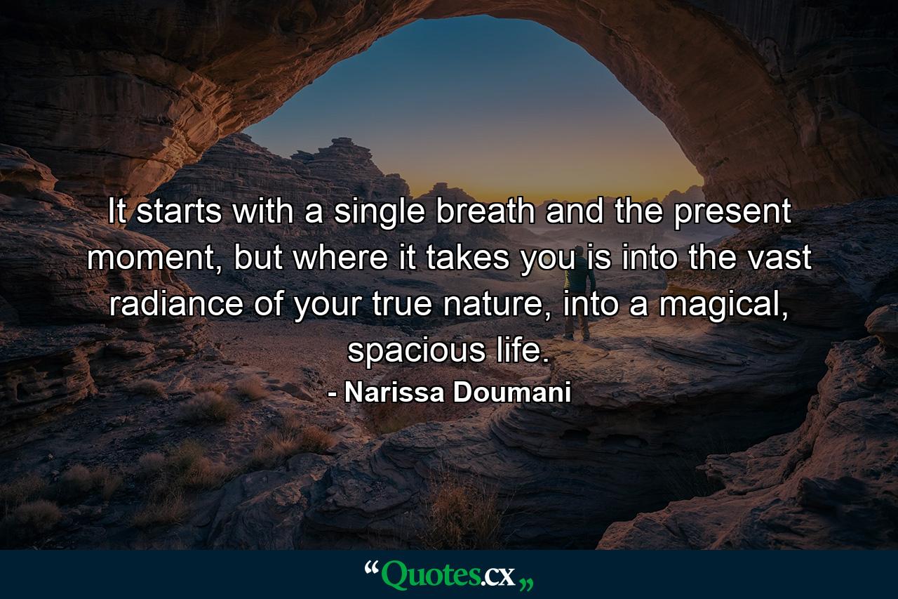 It starts with a single breath and the present moment, but where it takes you is into the vast radiance of your true nature, into a magical, spacious life. - Quote by Narissa Doumani