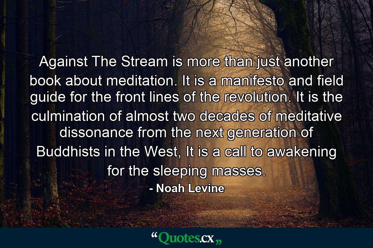 Against The Stream is more than just another book about meditation. It is a manifesto and field guide for the front lines of the revolution. It is the culmination of almost two decades of meditative dissonance from the next generation of Buddhists in the West, It is a call to awakening for the sleeping masses. - Quote by Noah Levine