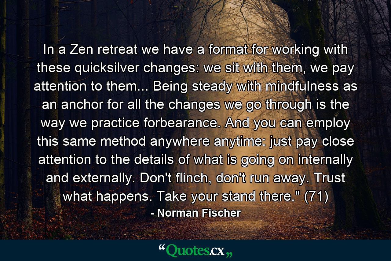 In a Zen retreat we have a format for working with these quicksilver changes: we sit with them, we pay attention to them... Being steady with mindfulness as an anchor for all the changes we go through is the way we practice forbearance. And you can employ this same method anywhere anytime: just pay close attention to the details of what is going on internally and externally. Don't flinch, don't run away. Trust what happens. Take your stand there.