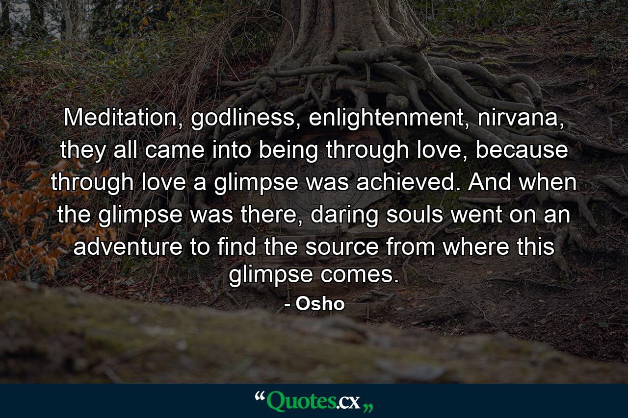 Meditation, godliness, enlightenment, nirvana, they all came into being through love, because through love a glimpse was achieved. And when the glimpse was there, daring souls went on an adventure to find the source from where this glimpse comes. - Quote by Osho