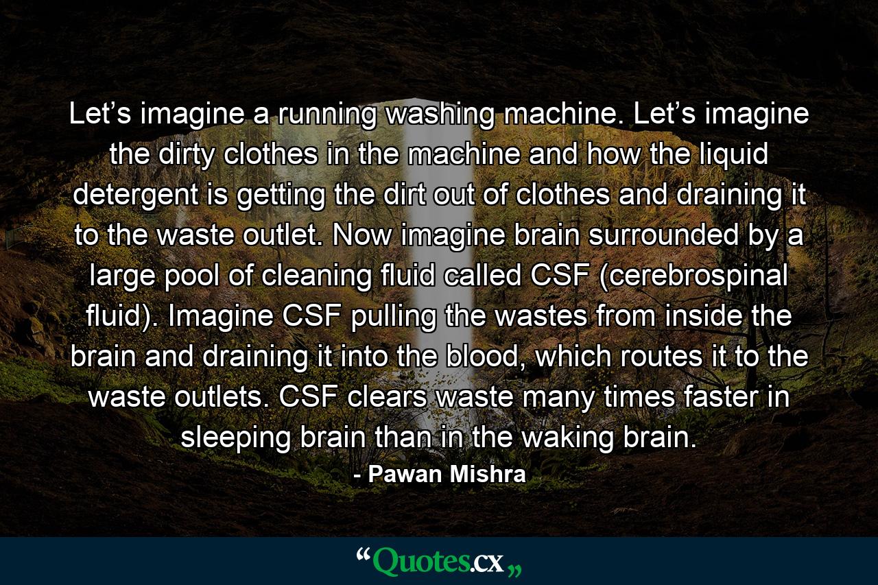 Let’s imagine a running washing machine. Let’s imagine the dirty clothes in the machine and how the liquid detergent is getting the dirt out of clothes and draining it to the waste outlet. Now imagine brain surrounded by a large pool of cleaning fluid called CSF (cerebrospinal fluid). Imagine CSF pulling the wastes from inside the brain and draining it into the blood, which routes it to the waste outlets. CSF clears waste many times faster in sleeping brain than in the waking brain. - Quote by Pawan Mishra