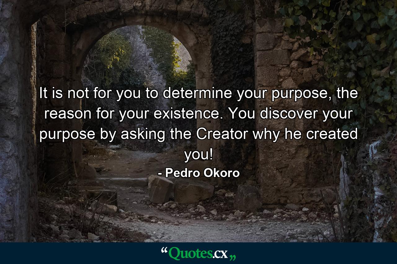 It is not for you to determine your purpose, the reason for your existence. You discover your purpose by asking the Creator why he created you! - Quote by Pedro Okoro